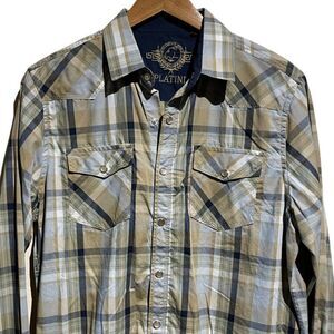 PLATINI Western Plaid Shirt w/Snap Buttons Navy/Khaki Medium